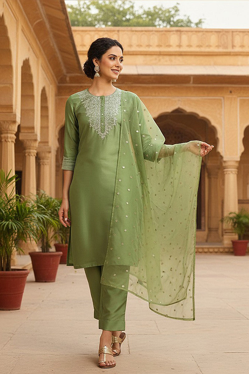 Green Poly Silk Solid Yoke Design Kurta Trousers With Dupatta PKSKD1589