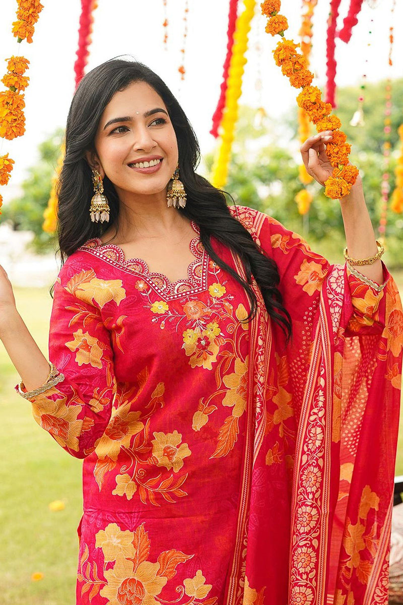 Red Viscose Rayon Floral Embroidered Straight Kurta Trousers With Dupatta PKSKD3051