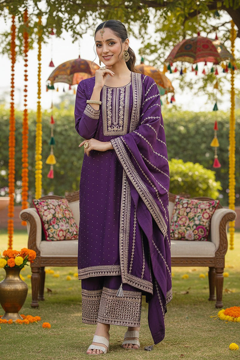 Purple Silk Blend Straight Kurta Palazzo With Dupatta PKSKD1859
