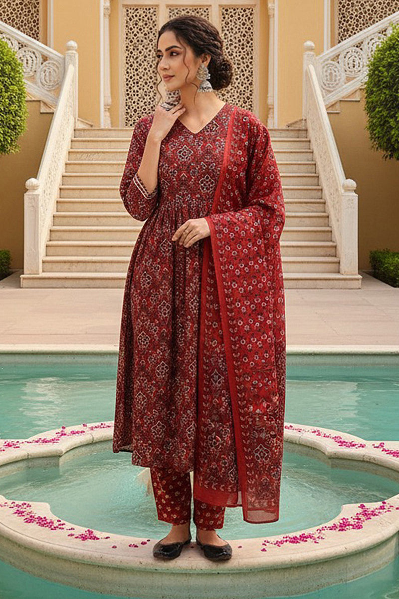 Red Rayon Blend Floral Printed A-Line Trouser Bottom Suit Set VKSKD2273