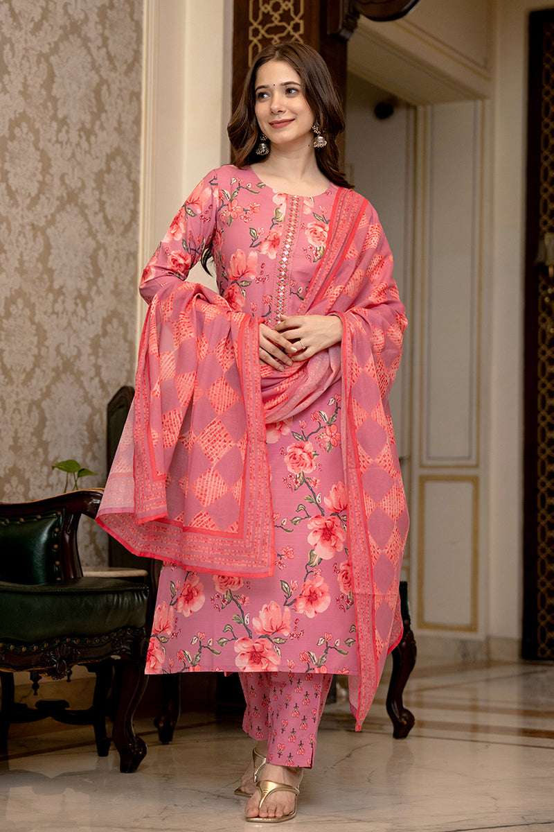Pink Rayon Blend Floral Printed Straight Trouser Bottom Suit Set PKSKD2566PNK