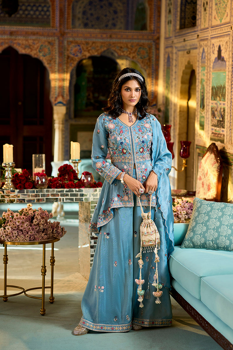 Blue Solid Embroidered Straight Kurta Palaazo with Dupatta PKSKD3002