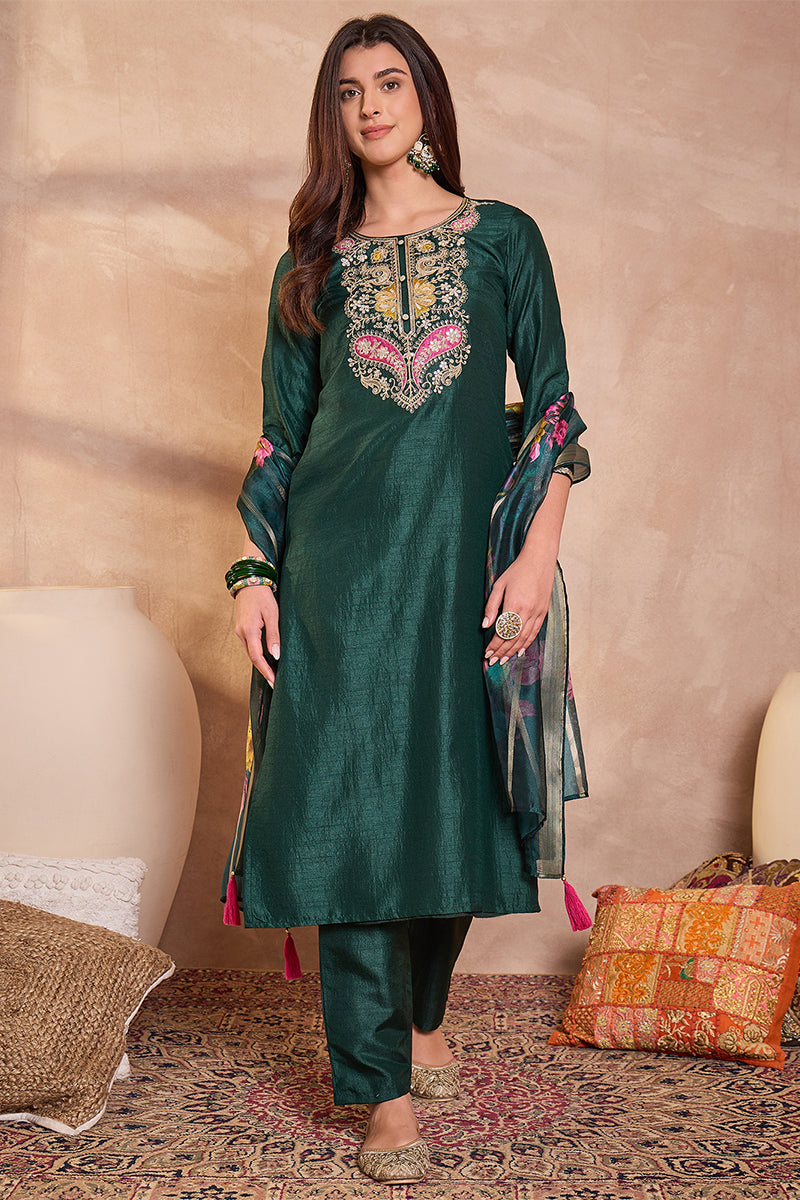 Green Silk Blend Solid Embroidered Straight Kurta Trouser With Dupatta PKSKD3101