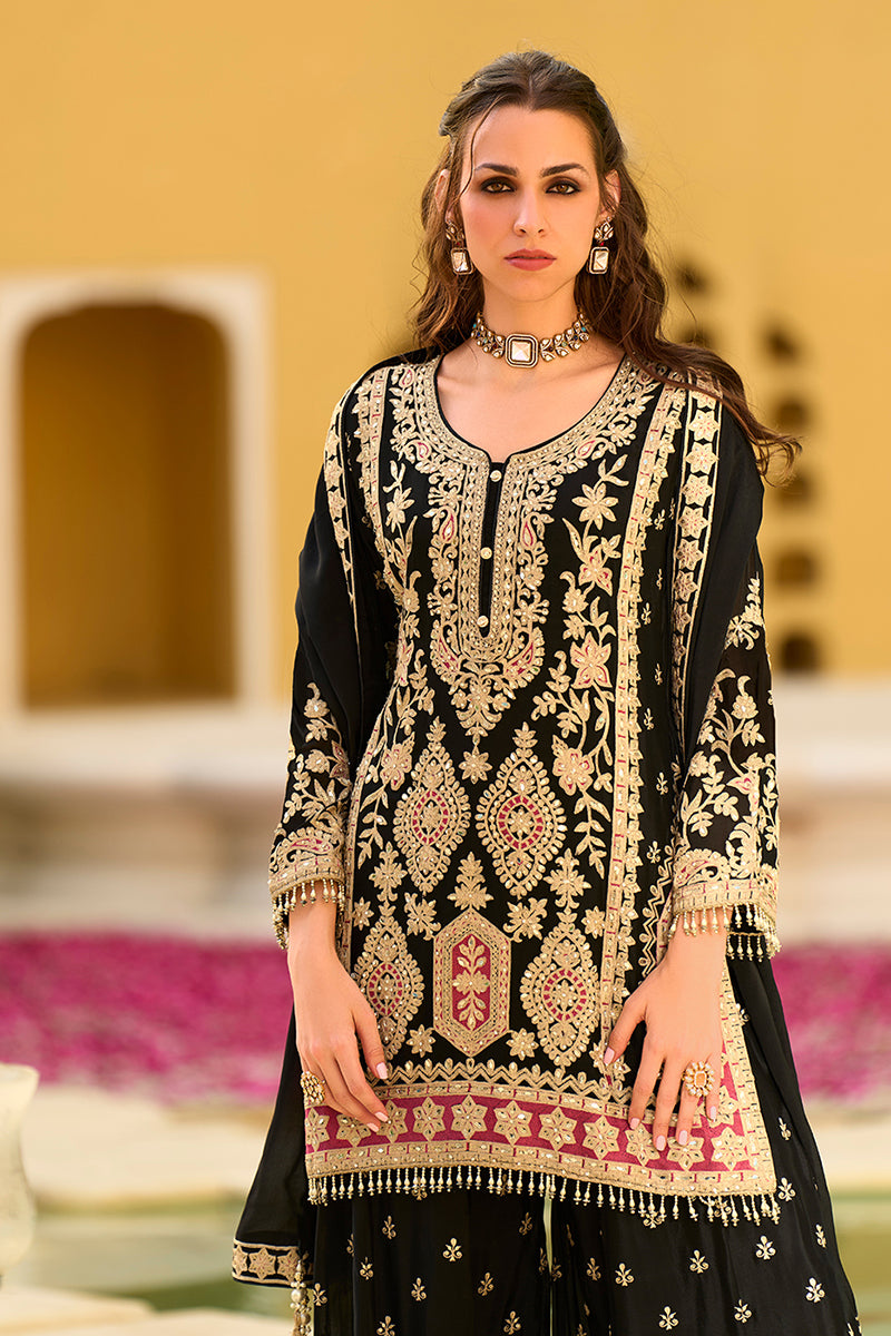 Black Chinon Chiffon Embroidered Straight Kurta Sharara with Dupatta PKSKD2892