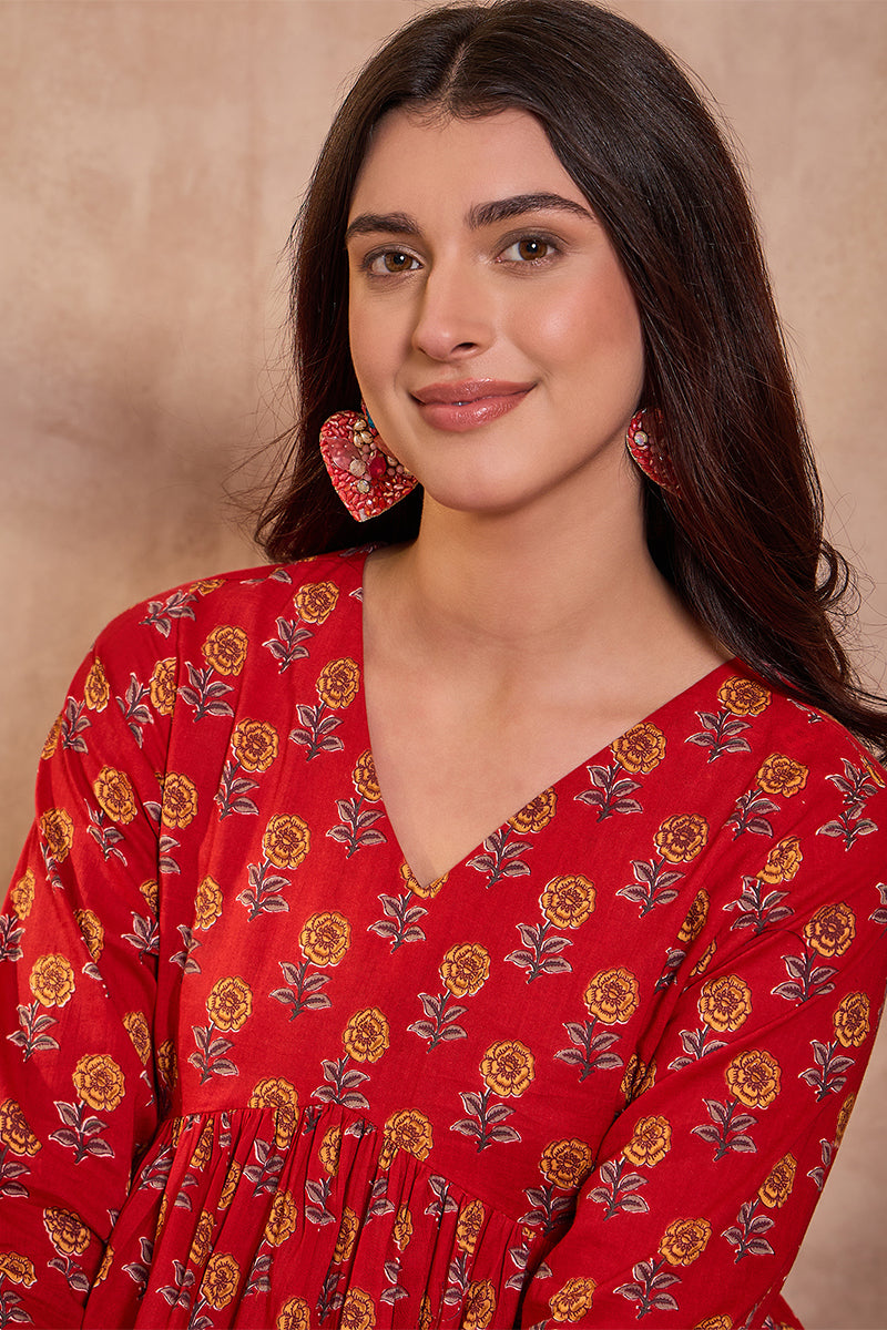 Red Cotton Blend Floral Printed Top VT1355