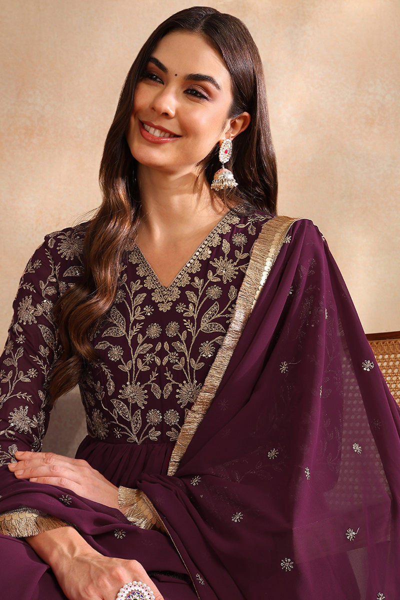 Wine Georgette Solid Embroidered Anarkali Gown with Dupatta VKSET1520WIN