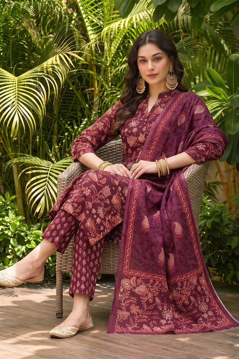 Maroon Rayon Blend Floral Printed Straight Suit Set VKSKD2149