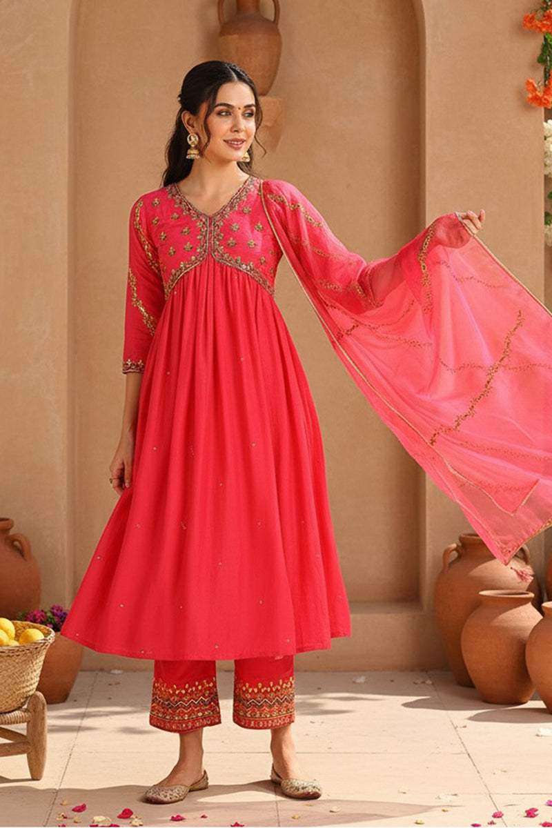 Pink Silk Blend Solid Embroidered Flared Suit Set PKSKD2114