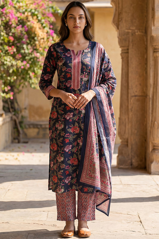 Navy Blue Rayon Blend Floral Printed Straight Trouser Suit Set VKSKD2255