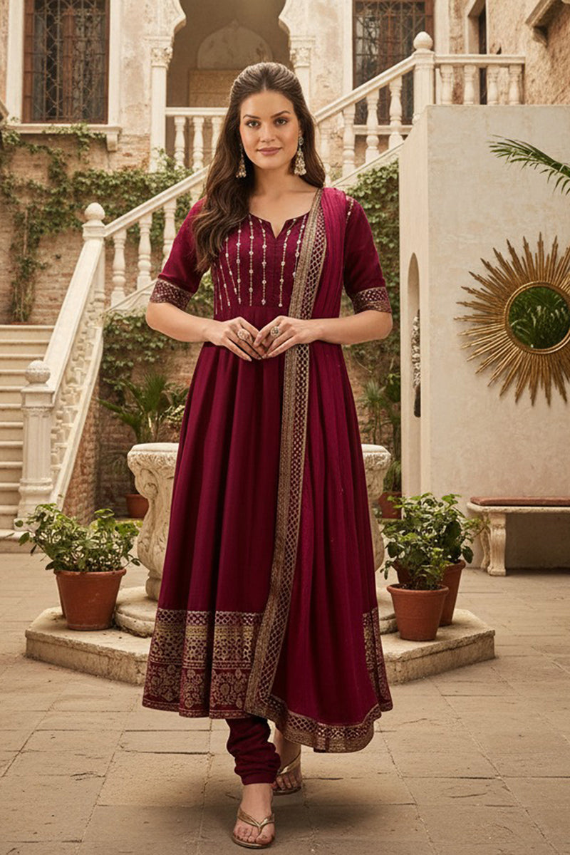 Magenta Silk Blend Woven Design Anarkali Suit Set PKSKD2066