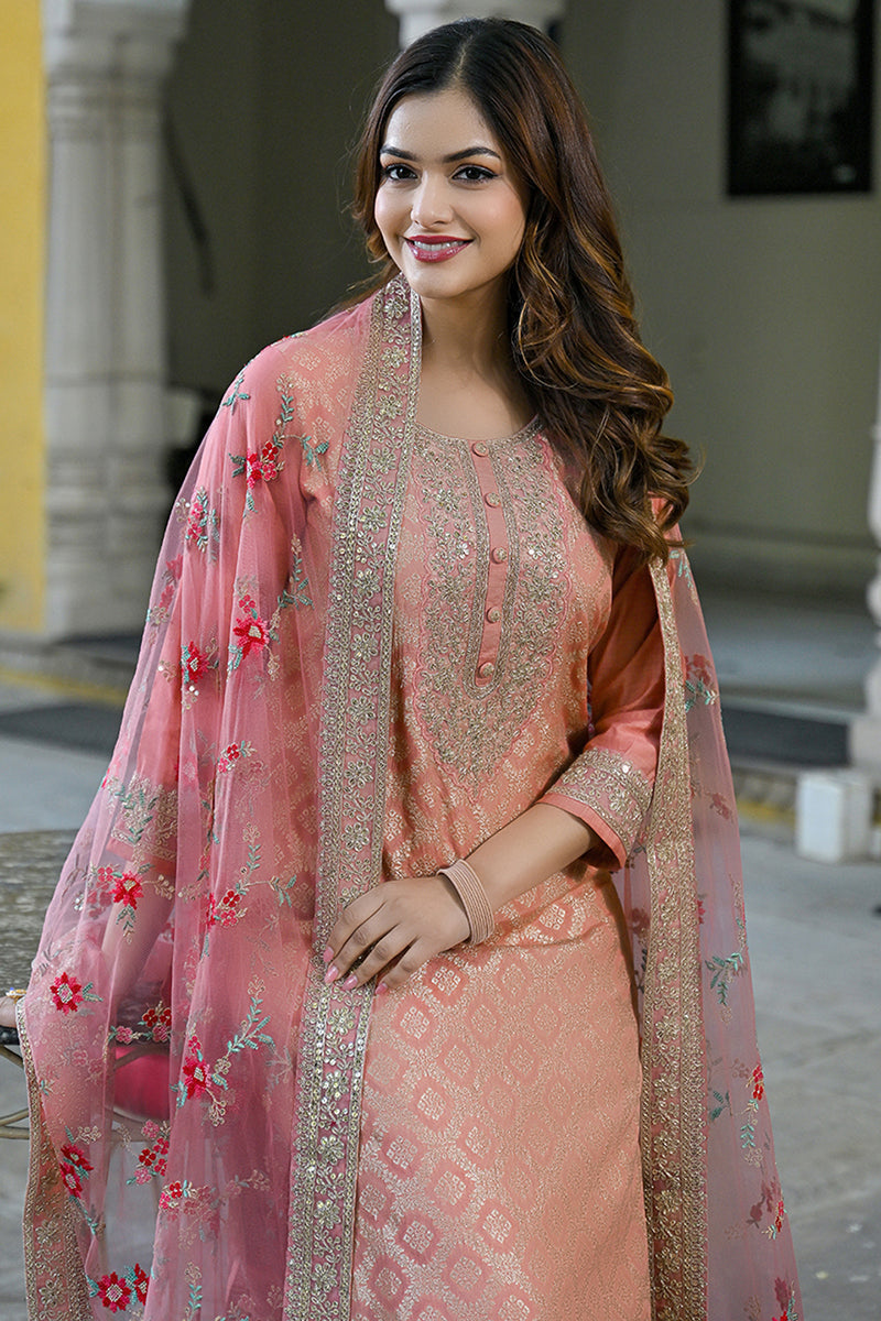 Peach Silk Blend Solid Woven Design Straight Kurta Trousers With Dupatta PKSKD2924