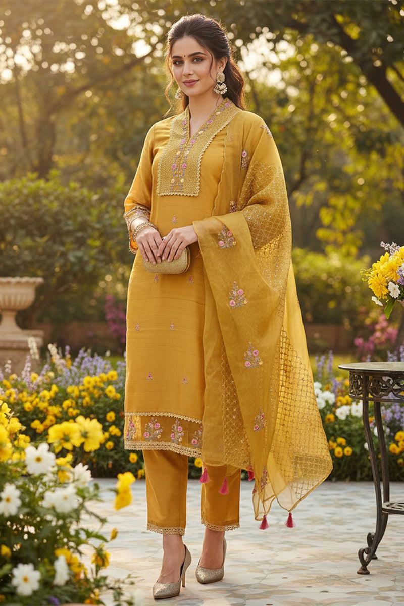 Mustard Yellow Silk Blend Floral Embroidered Straight Suit Set PKSKD2240