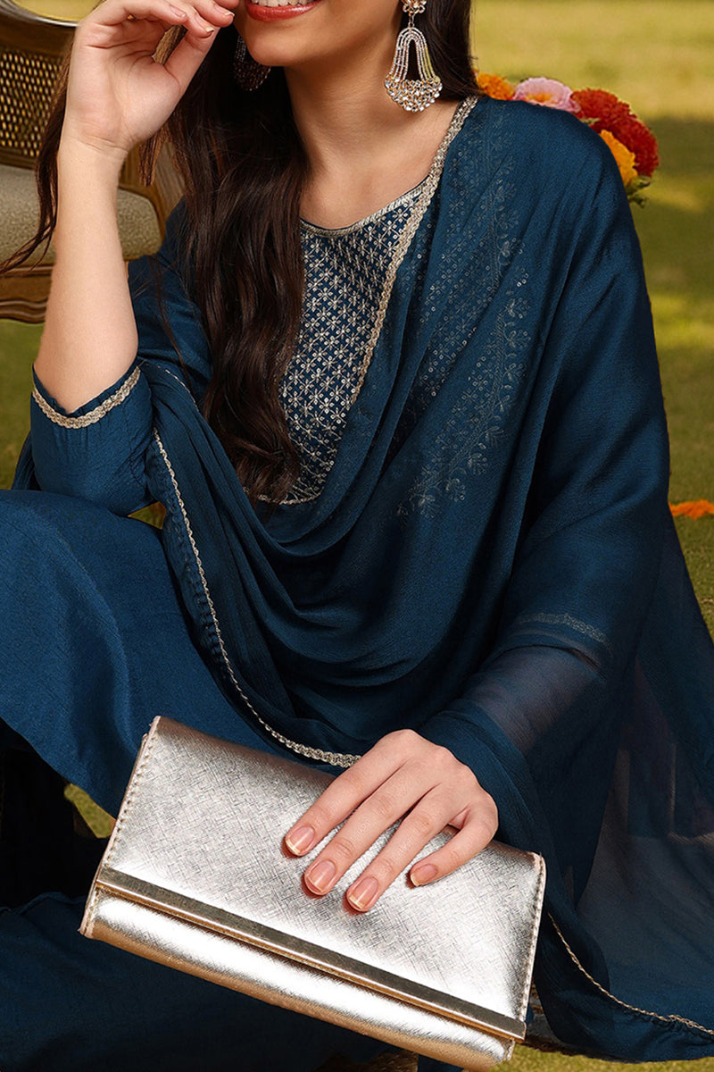 Silk Blend Teal Embroidered Straight Kurta Pant With Dupatta PKSKD1838