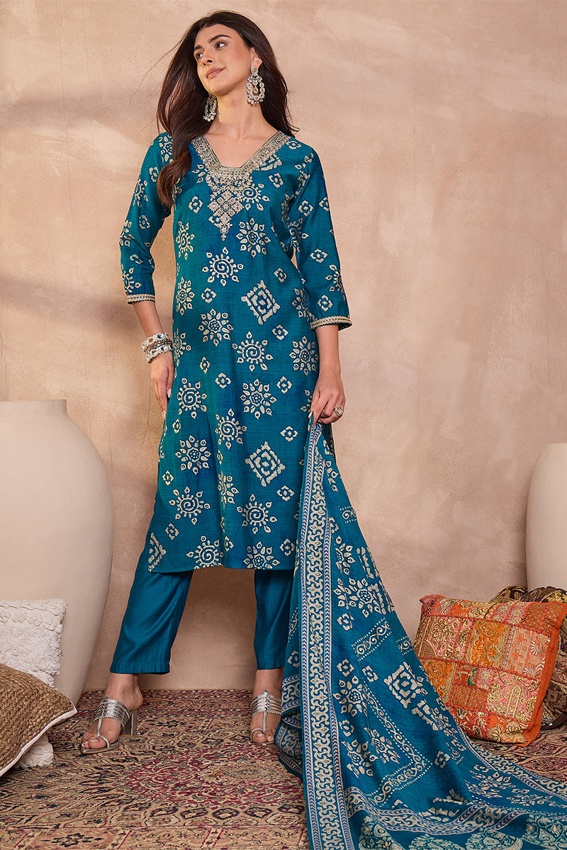 Blue Silk Blend Floral Printed Straight Regular Kurta Set PKSKD3226