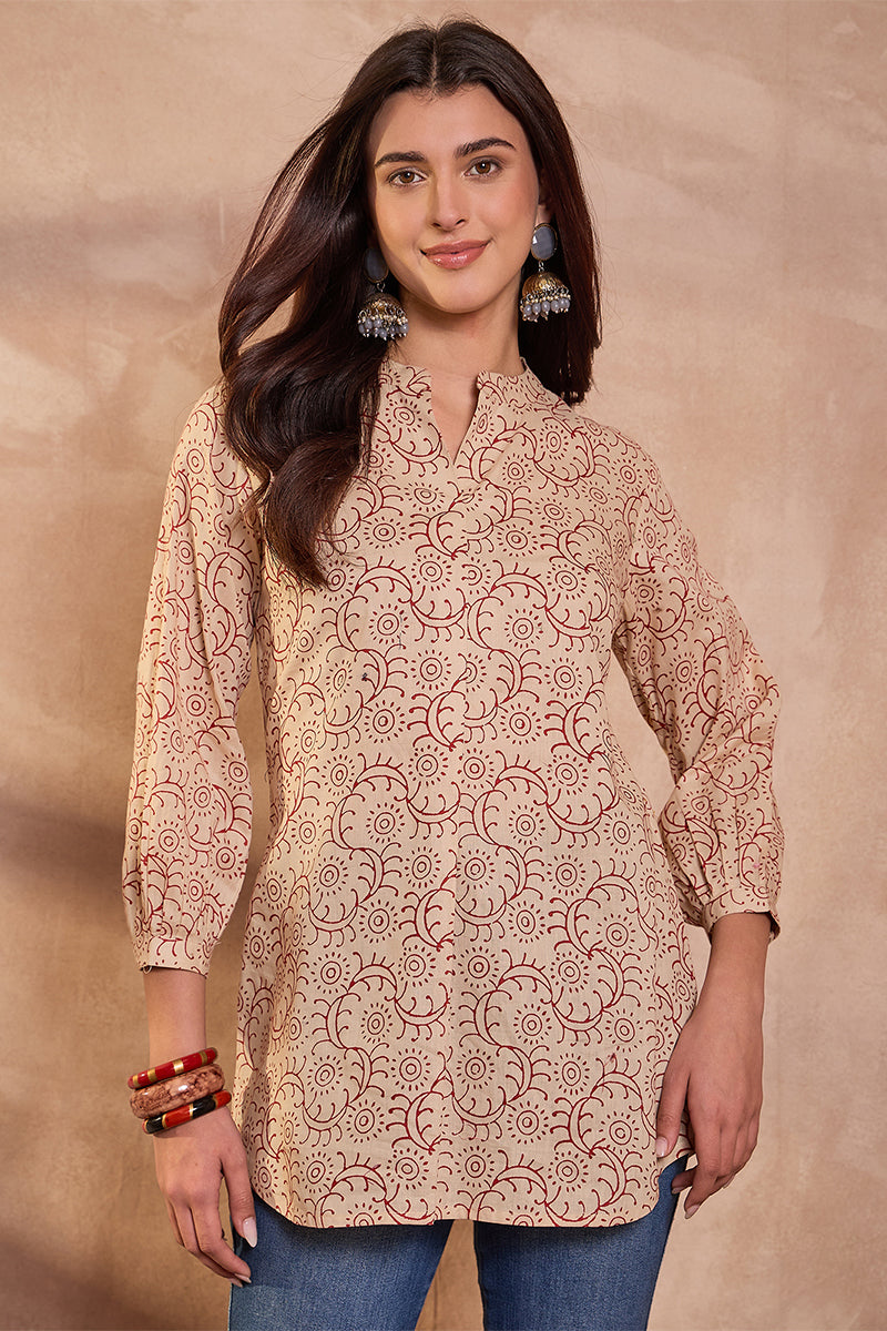 Beige Cotton Ethnic Motifs Printed Top VT1430