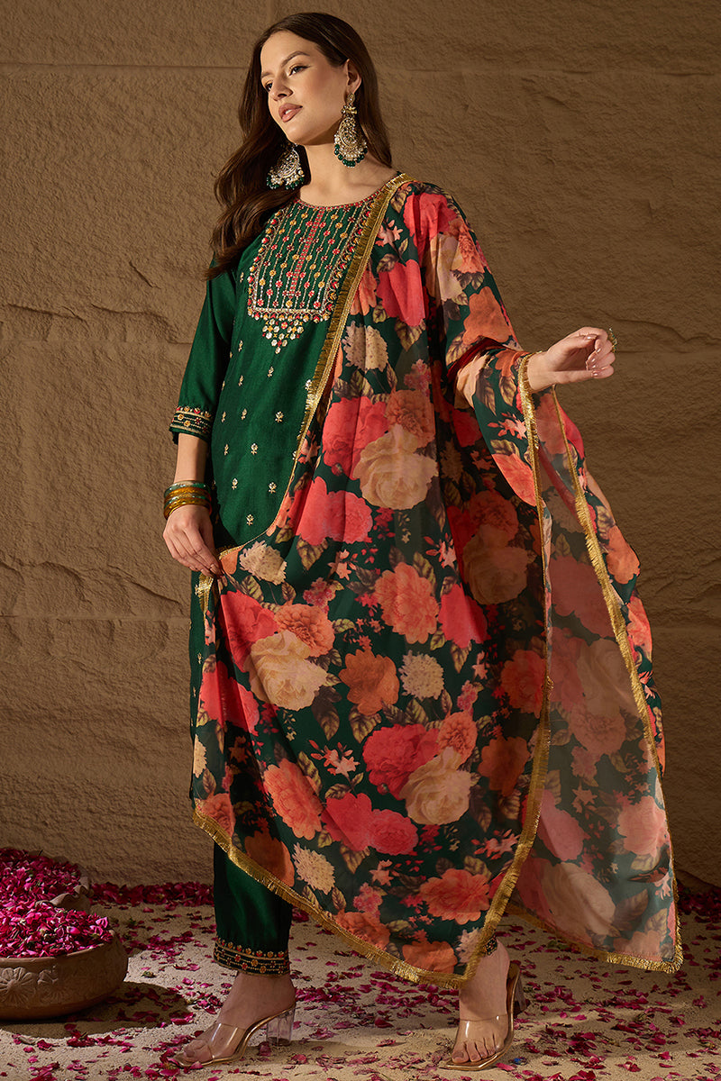 Green Silk Blend Embroidered Kurta Pant With Dupatta VKSKD1758