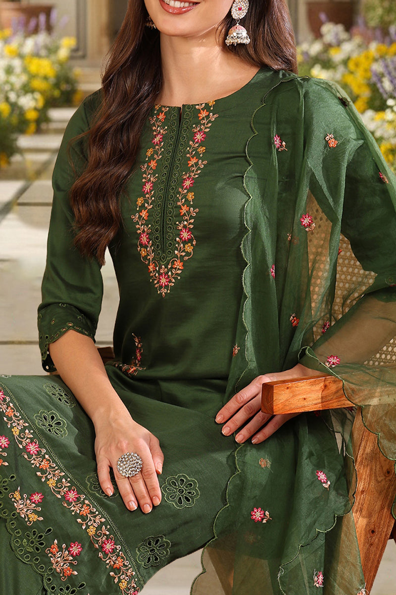 Green Silk Blend Solid Embroidered Straight Trouser Bottom Suit Set PKSKD2635