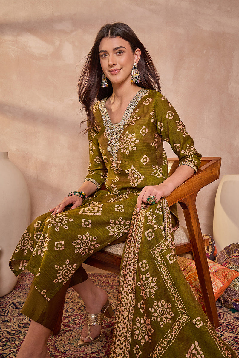 Green Floral Printed Kurta With Trousers And Dupatta PKSKD3227