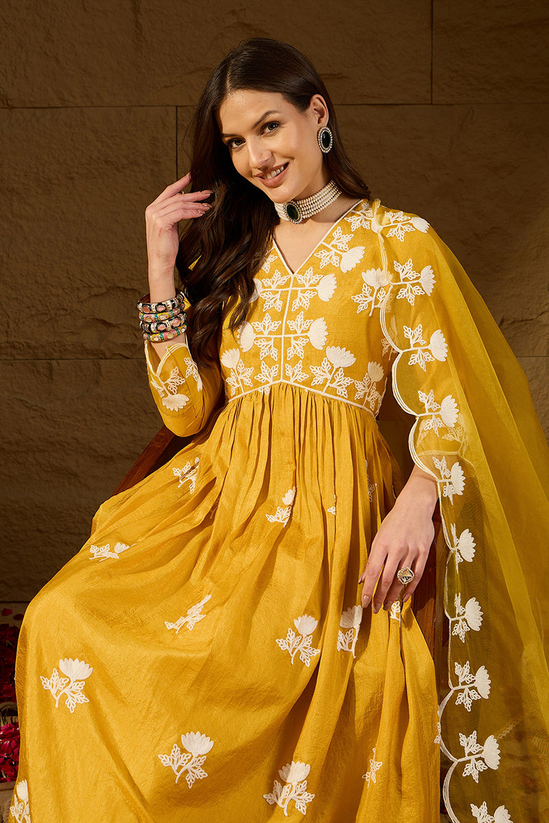 Yellow Silk Blend Solid Embroidered A-Line Kurta Trouser With Dupatta PKSKD2826