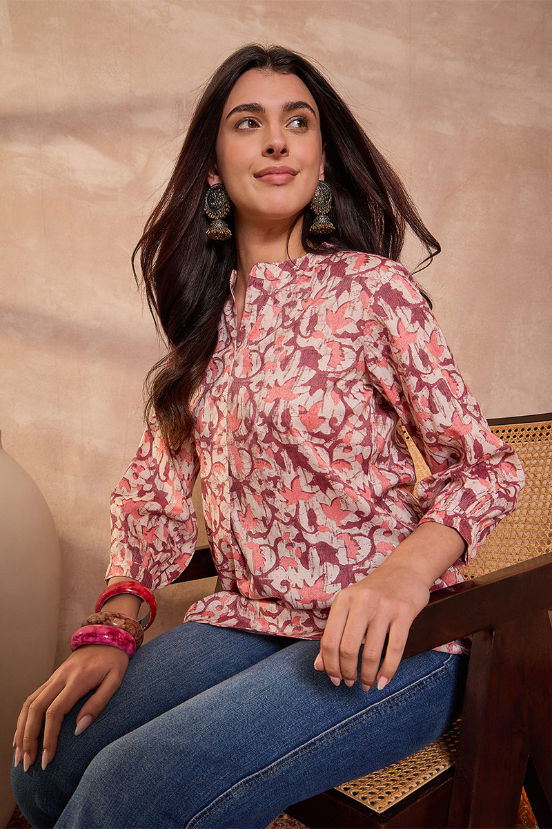 Cream Cotton Blend Floral Printed Top VT1434