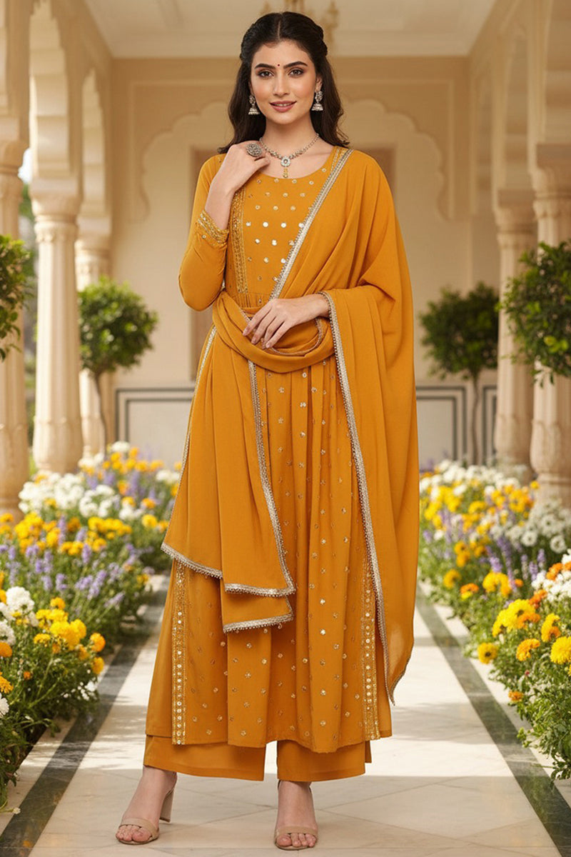 Mustard Yellow Georgette Solid Embroidered Straight Palazzo Suit Set PKSKD2521YLW