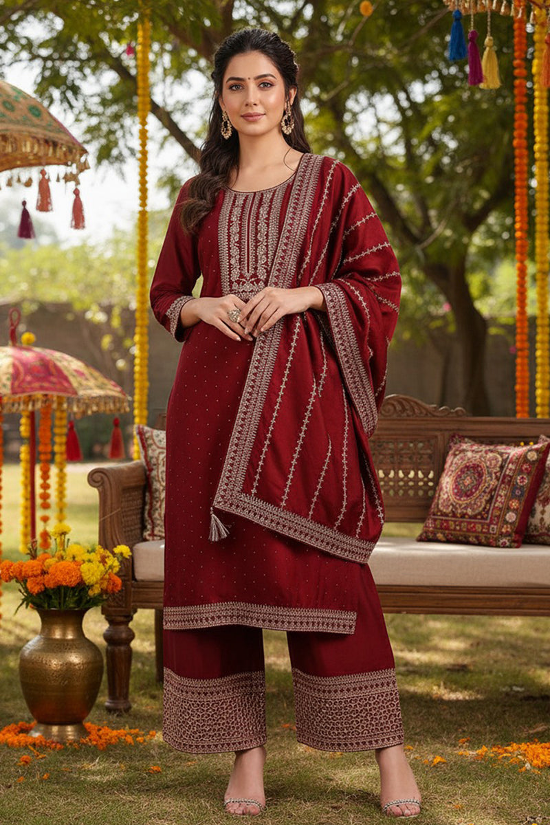 Maroon Silk Blend Straight Kurta Palazzo With Dupatta PKSKD1860