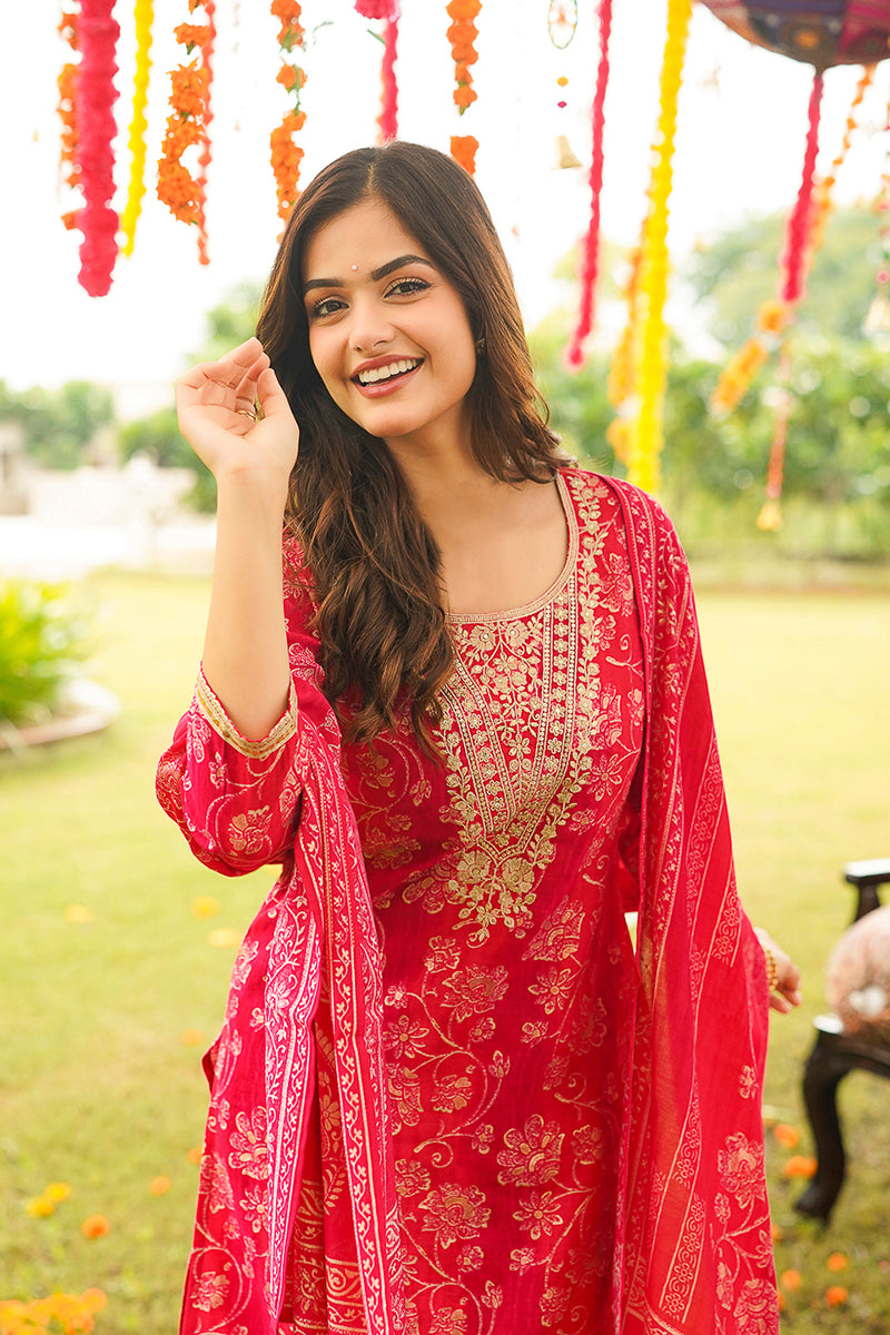 Red Viscose Rayon Floral Embroidered Straight Kurta Trousers With Dupatta PKSKD3056