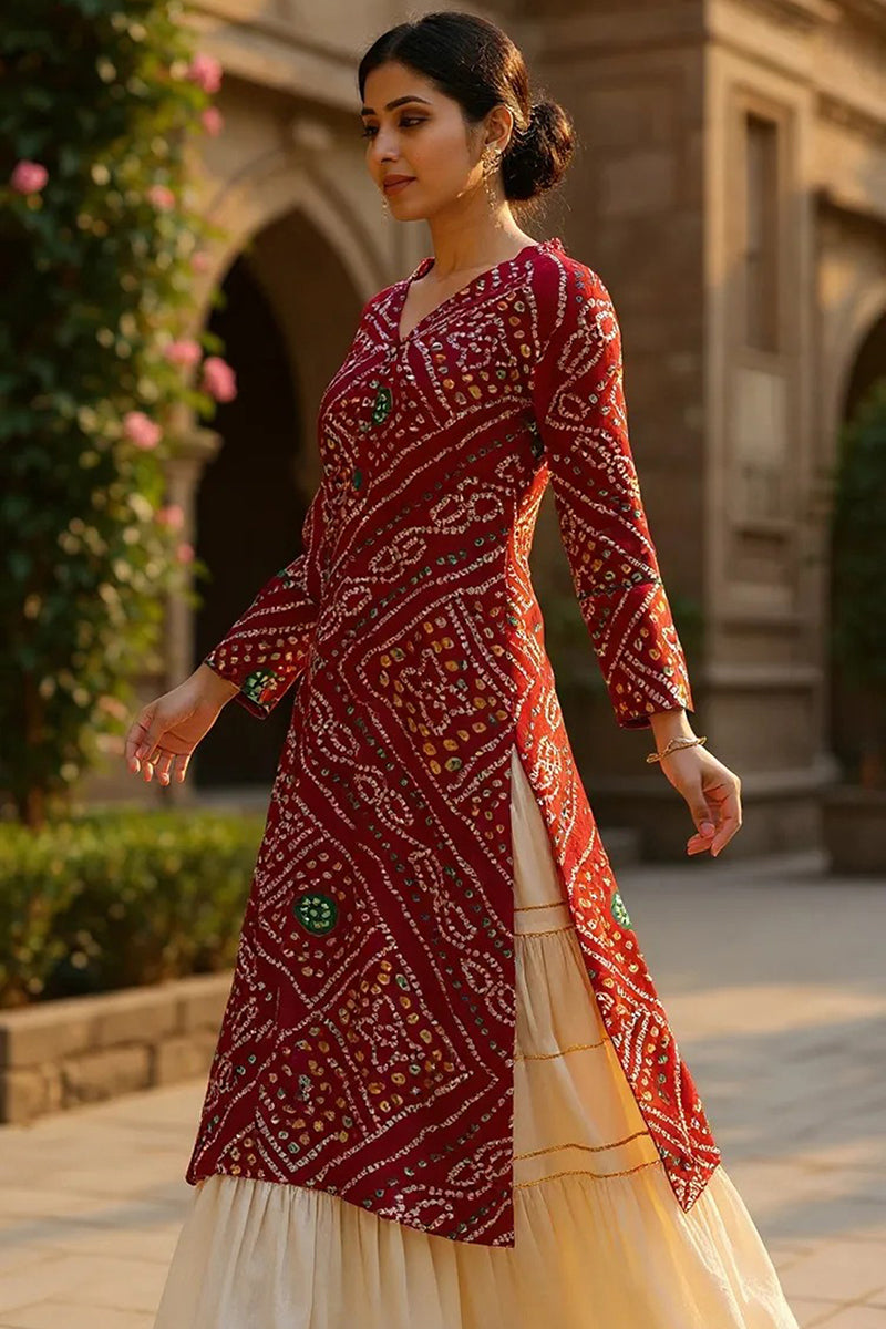 Rayon Blend Red And Beige Bandhani Printed Straight Kurta VCK1708E