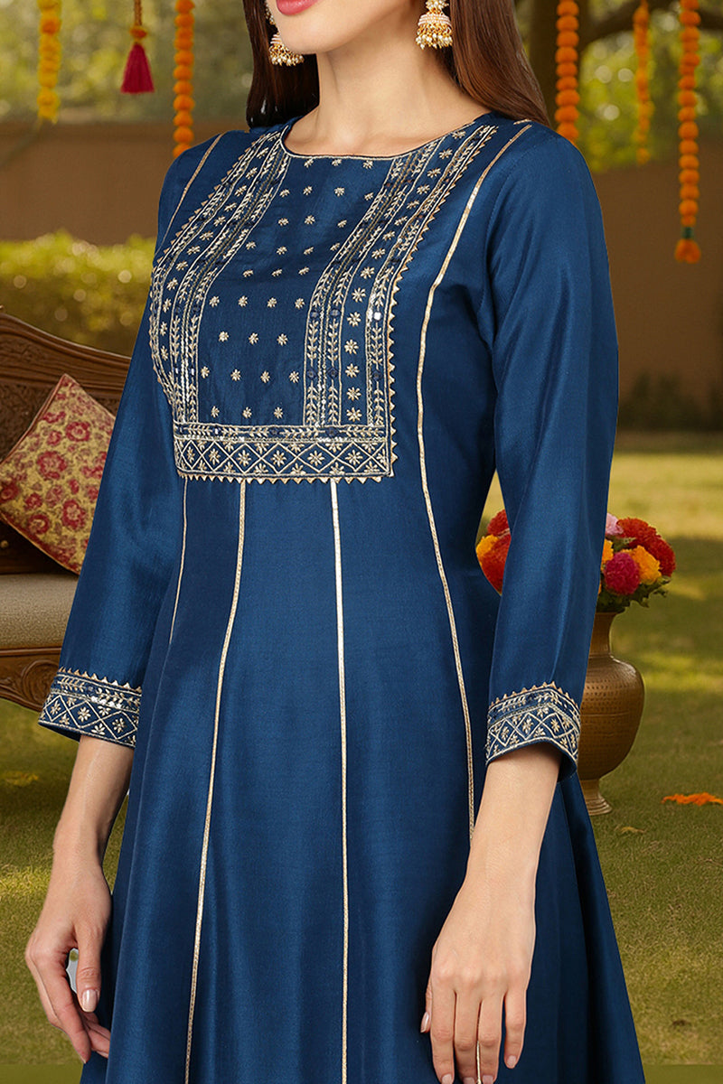 Teal Blue Silk Blend Ethnic Motifs Anarkali Suit Set PKSKD1930