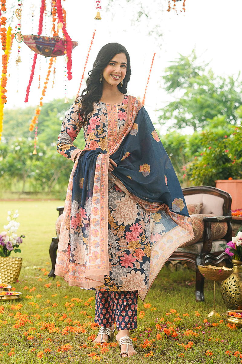 Blue Cotton Blend Floral Printed Straight Kurta Trousers With Dupatta VKSKD2415