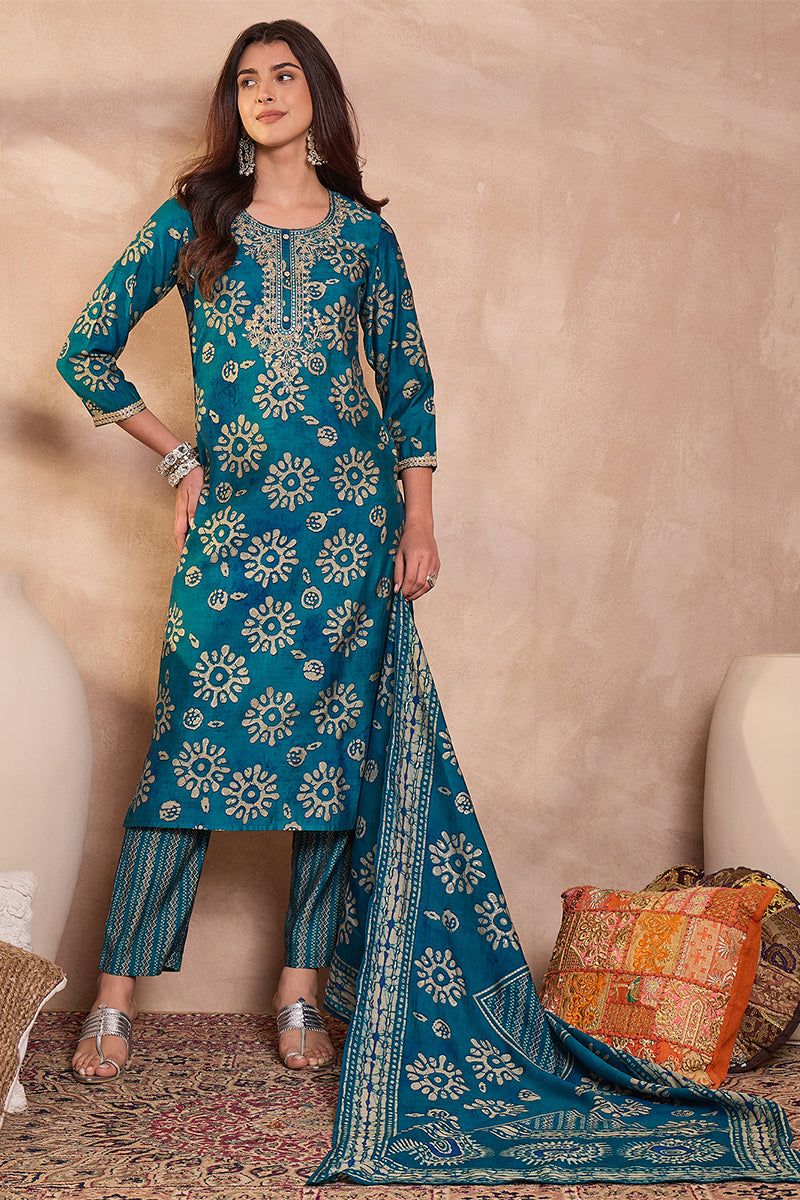 Blue Rayon Blend Floral Printed Straight Kurta Trouser With Dupatta VKSKD3215
