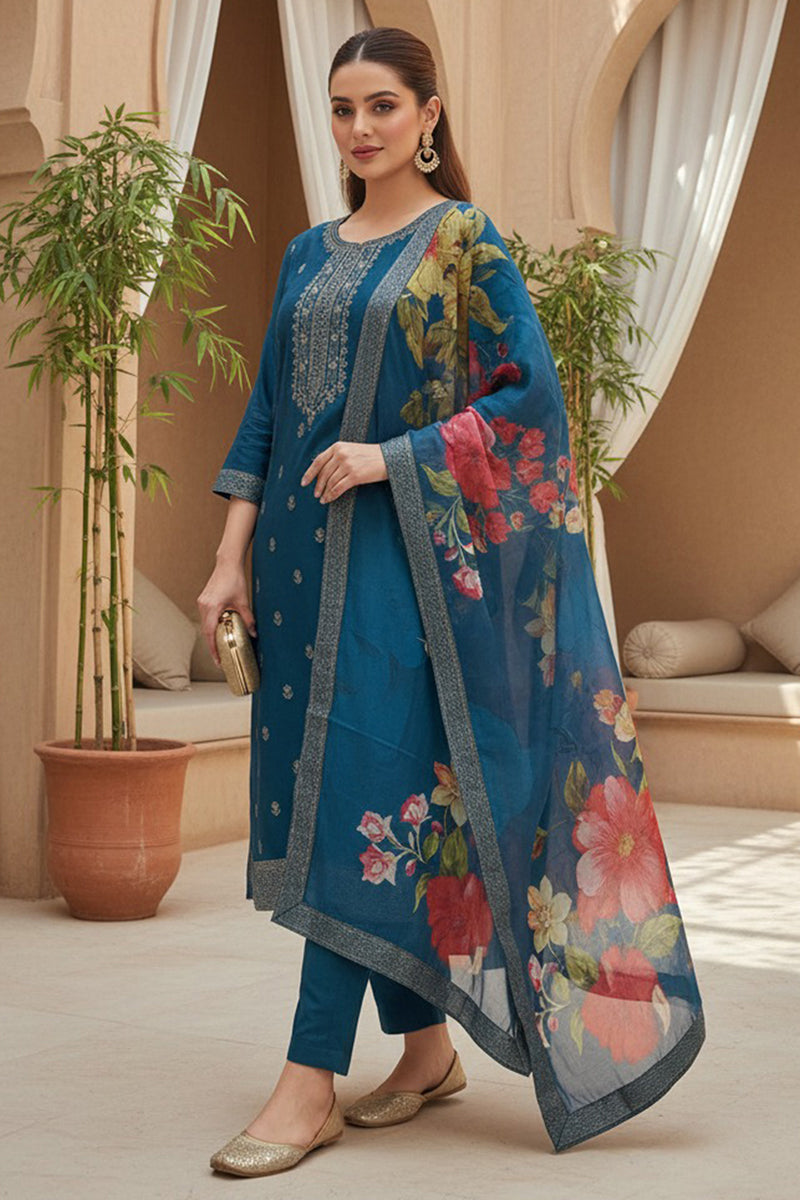 Blue Silk Blend Ethnic Motifs Stoning Straight Kurta Trouser with Dupatta SKSKD3090