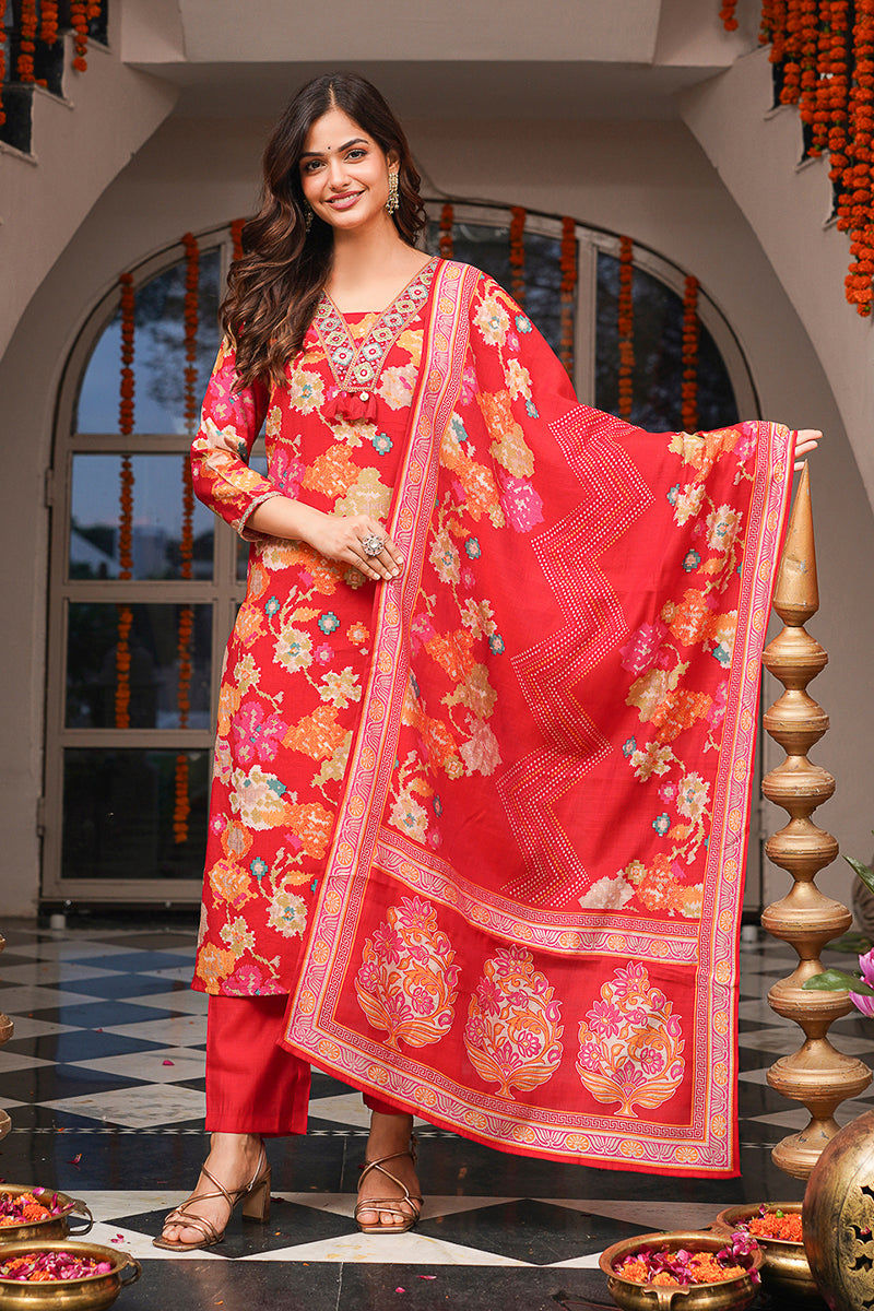 Red Viscose Rayon Floral Printed Straight Kurta Trousers With Dupatta PKSKD3079