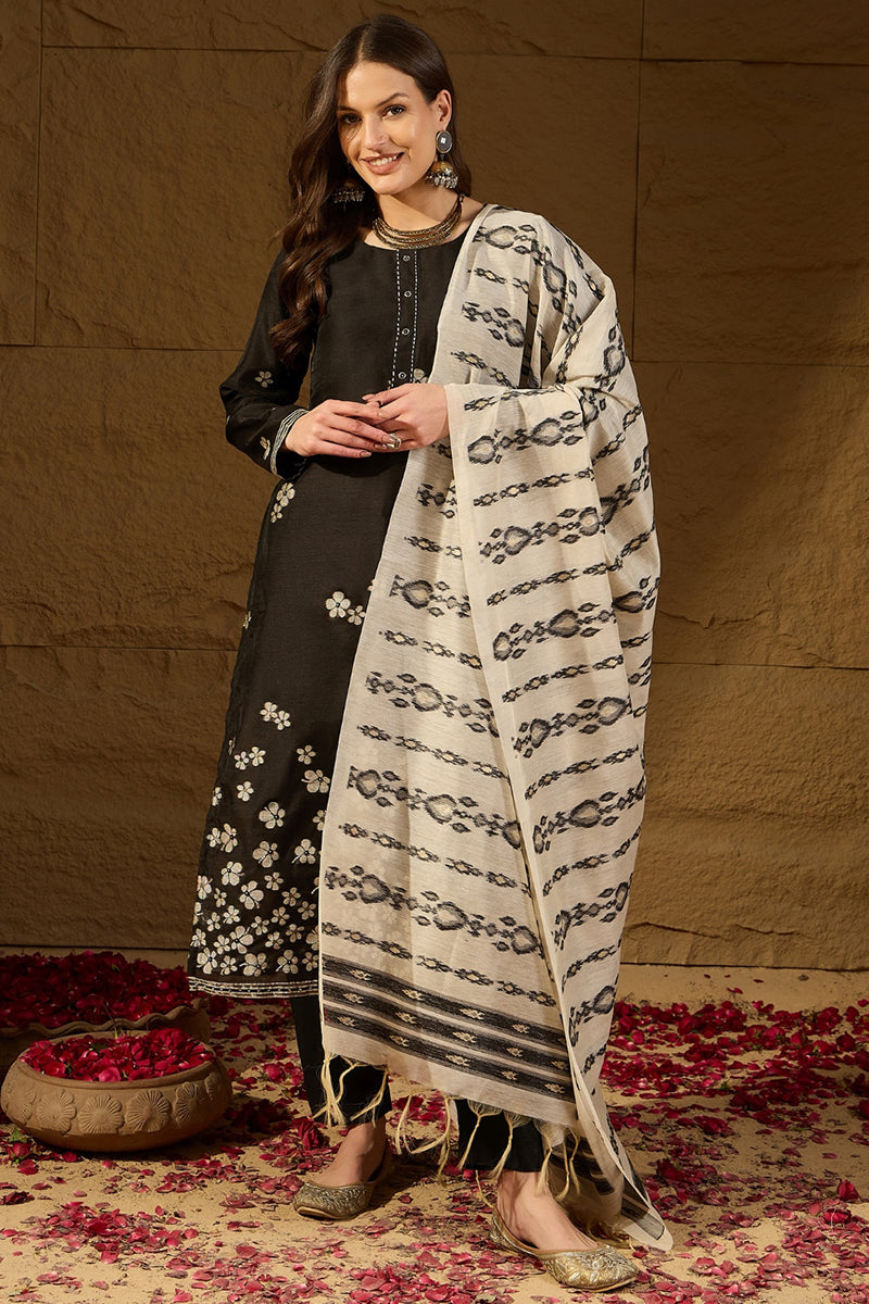 Black Poly Chanderi Solid Embroidered Straight Kurta Bottom and Dupatta PKSKD2900