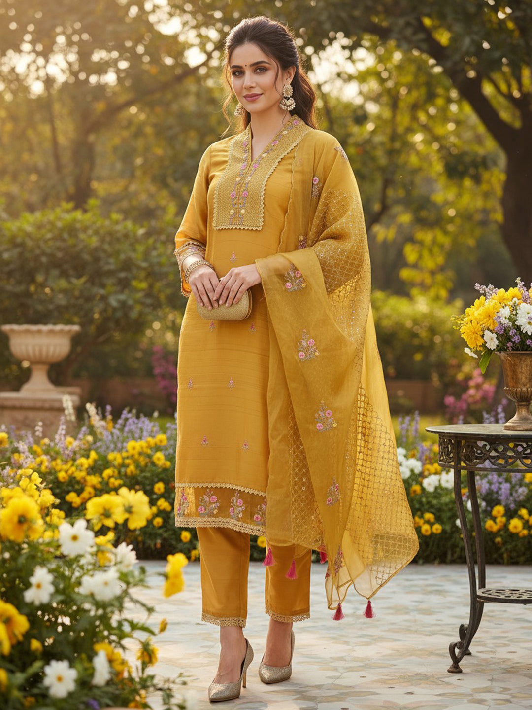 Mustard Yellow Silk Blend Floral Embroidered Straight Suit Set PKSKD2240