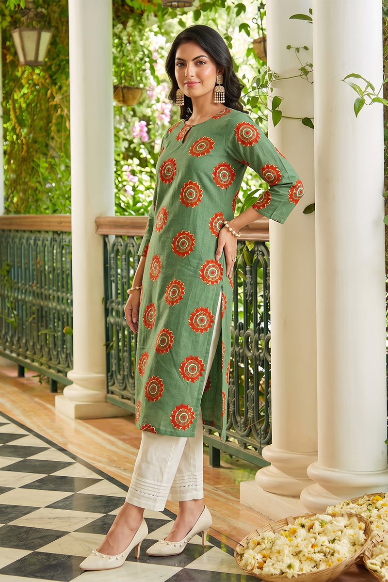 Rama Green Cotton Fabric Color Fancy Daily Wear Kurti VCK1295