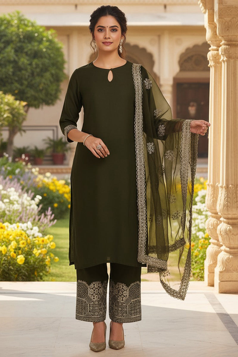 Olive Green Silk Blend Solid Straight Suit Set PKSKD2744