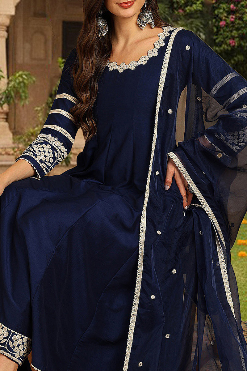 Navy Blue Silk Blend Solid Embroidered Anarkali Suit Set PKSKD2212
