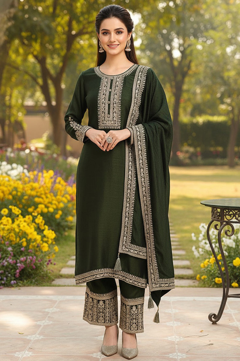 Green Silk Blend Solid Embroidered Straight Style Suit Set PKSKD2263