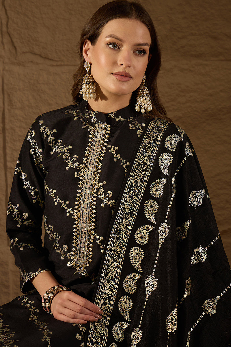 Black Silk Blend Ethnic Motifs Printed Straight Kurta Sets SKSKD3042