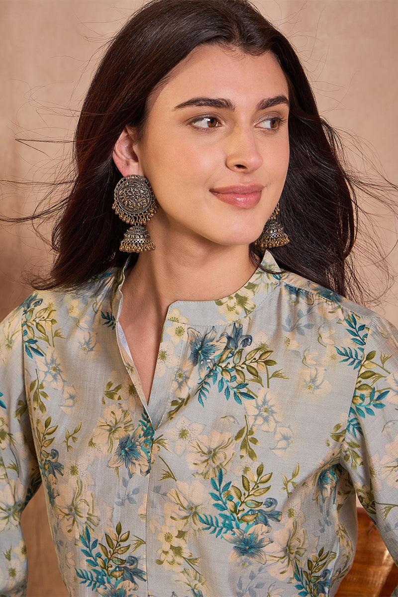 Grey Silk Blend Floral Printed Top VT1432