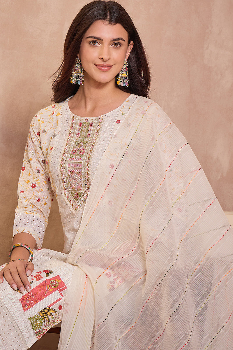 Cream Pure Cotton Ethnic Motifs Printed Straight Kurta Trousers With Dupatta PKSKD3192