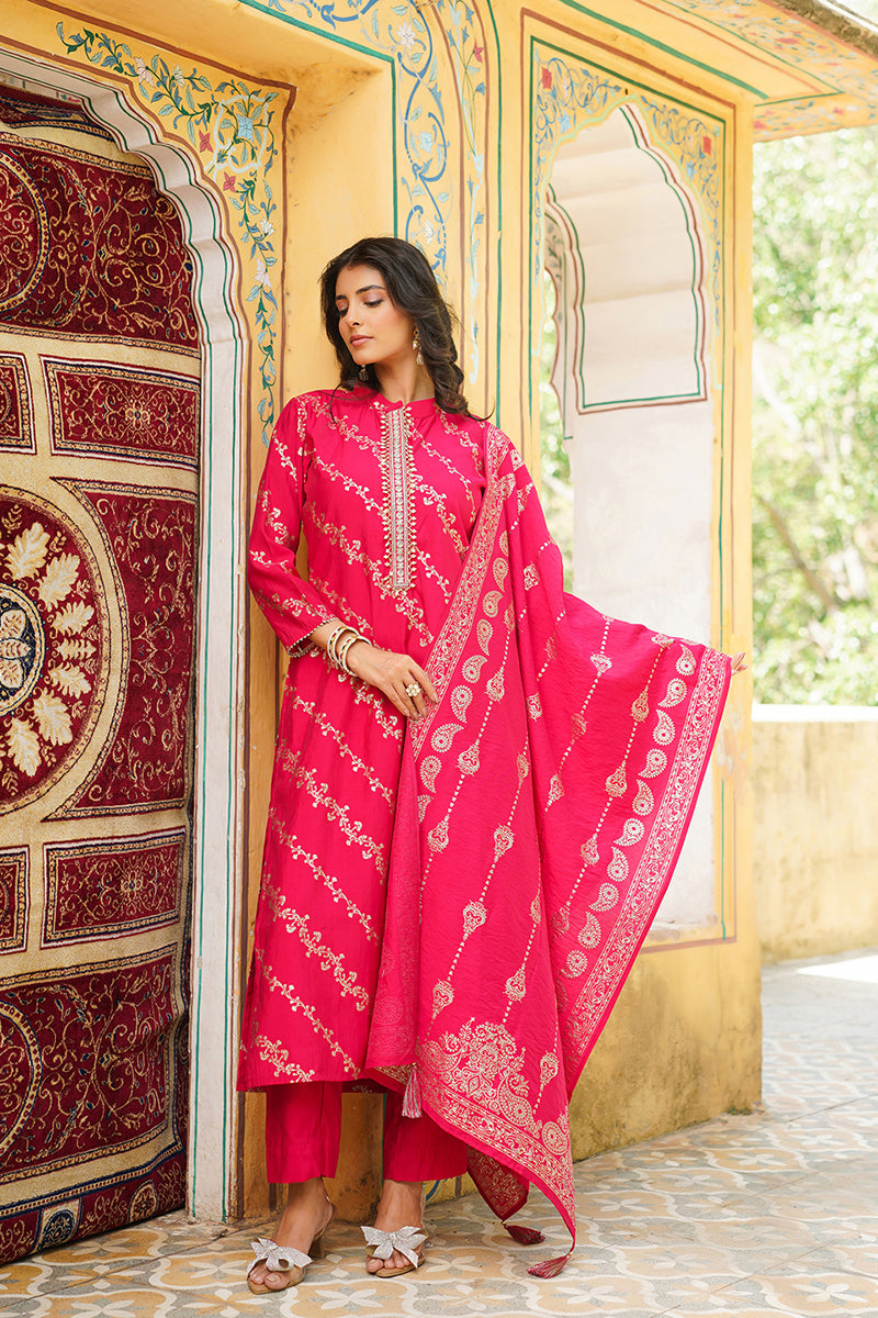 Pink Silk Blend Floral Printed Straight Kurta Trousers With Dupatta SKSKD3044