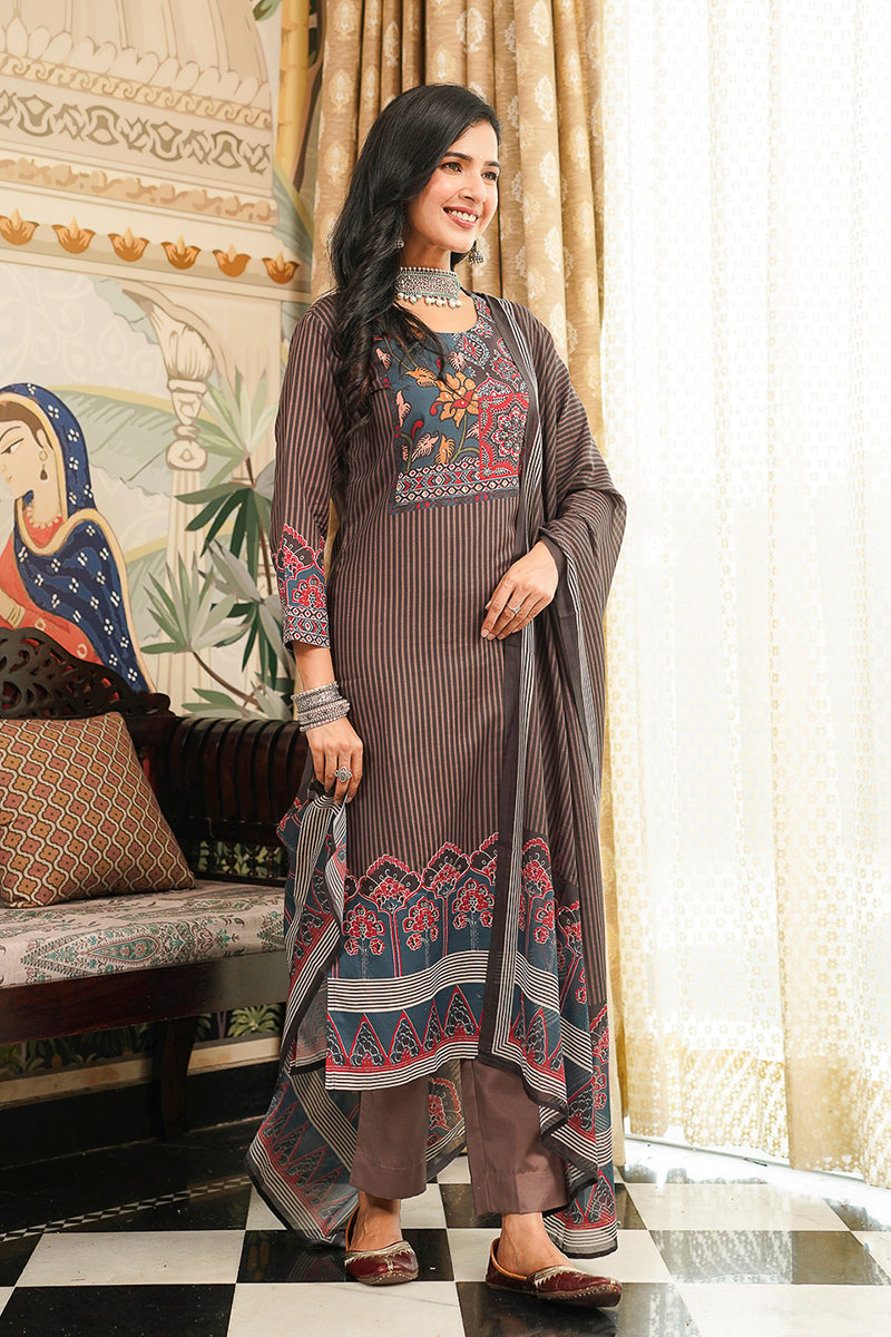 Brown Cotton Blend Ethnic Motifs Printed Straight Kurta Trousers With Dupatta PKSKD3072