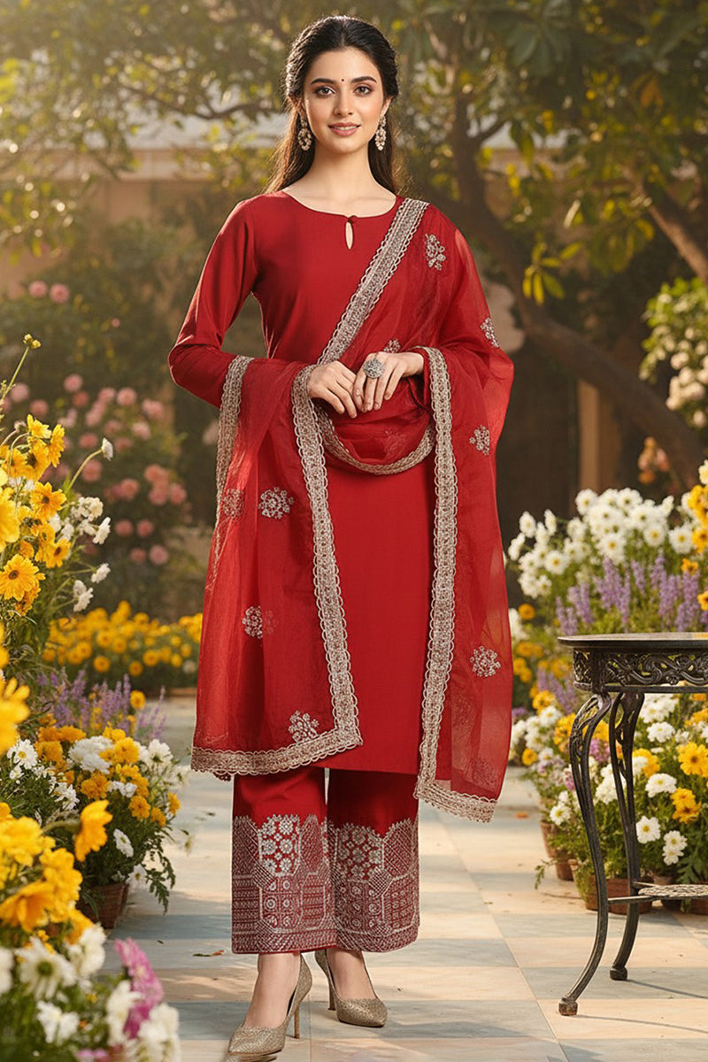 Mustard Yellow Silk Blend Floral Embroidered Straight Suit Set PKSKD2240