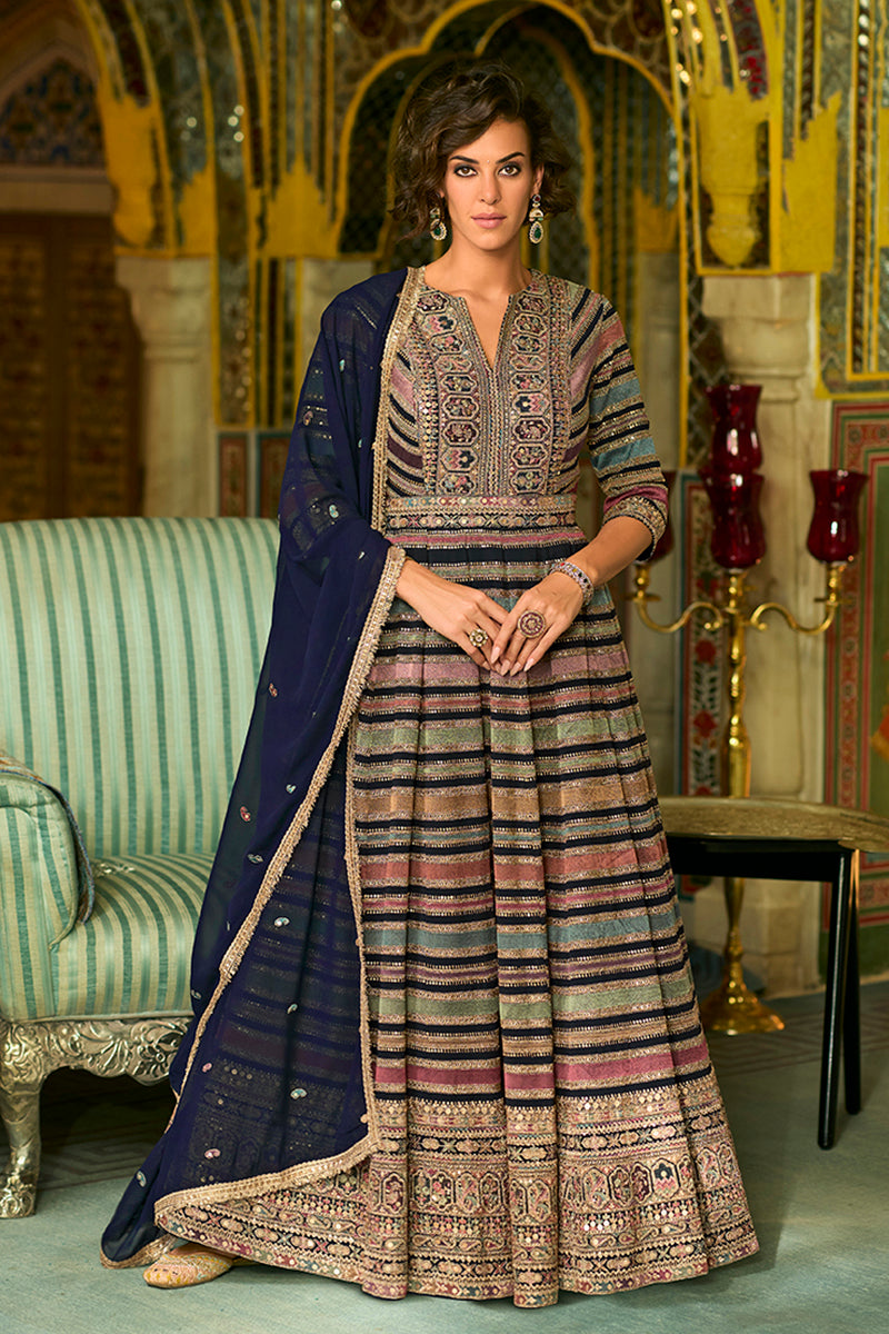 MultiColor Georgette Embroidered With Hand Work Gown With Dupatta VKSET1543