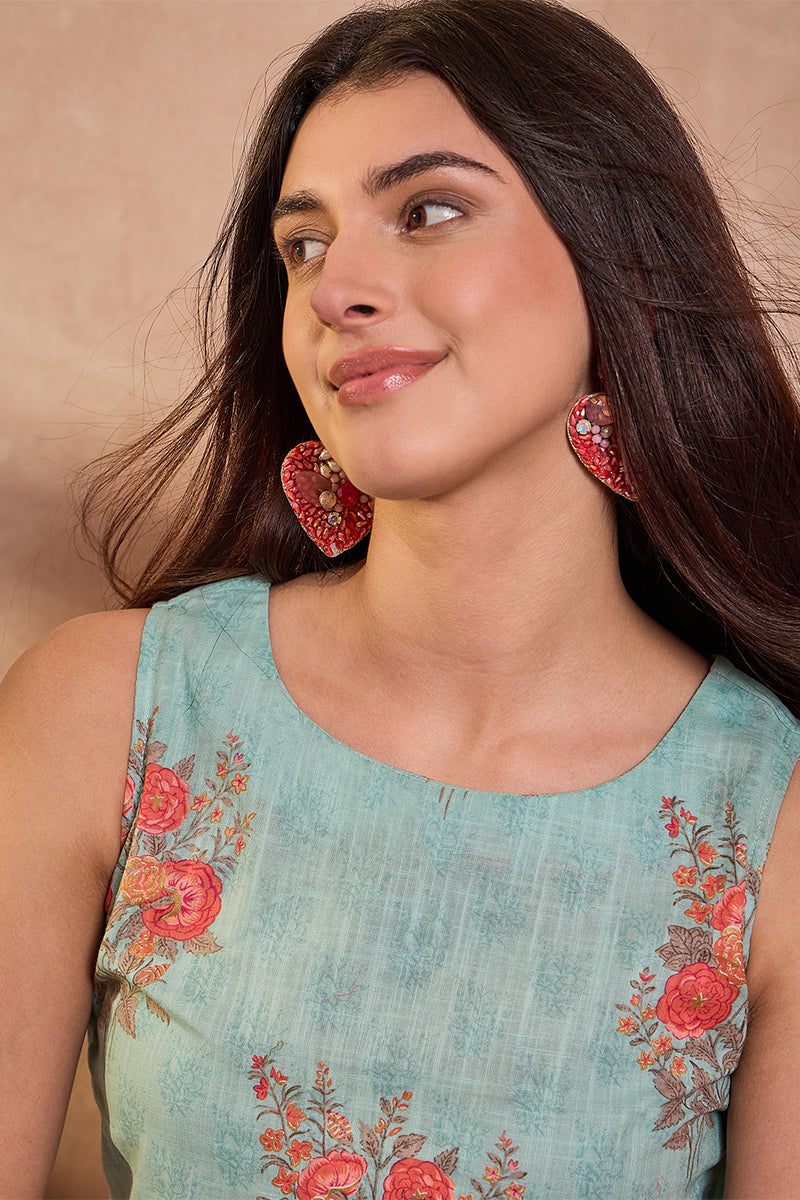 Blue Cotton Blend Floral Printed Top VT1426