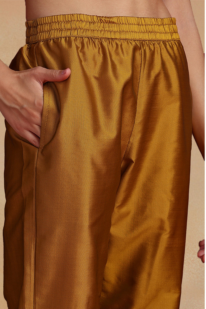 Mustard Yellow Silk Blend Ethnic Motifs Woven Design Straight Suit Set PKSKD2406