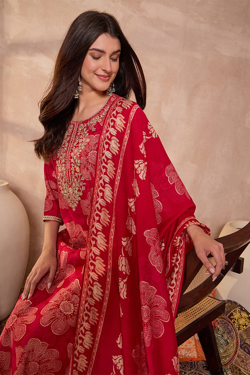 Pink Poly Silk Floral Printed Straight Kurta Trouser With Dupatta VKSKD3208