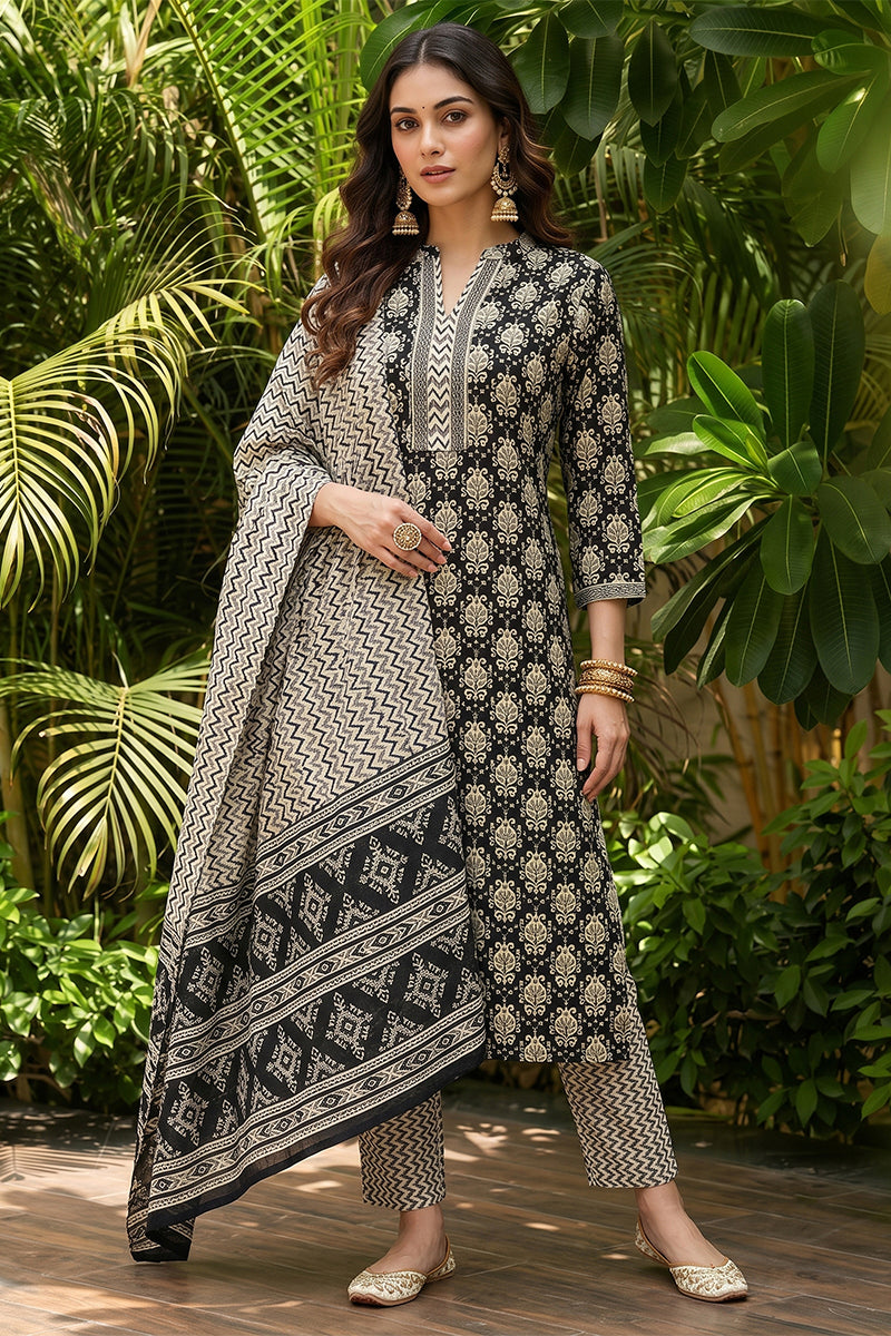 Black Rayon Blend Ethnic Motifs Straight Suit Set VKSKD1673